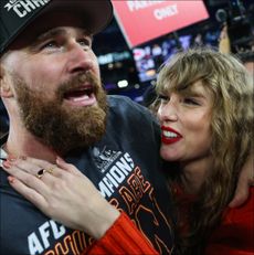Travis Kelce #87 of the Kansas City Chiefs (L) celebrates with Taylor Swift after defeating the Baltimore Ravens in the AFC Championship Game.