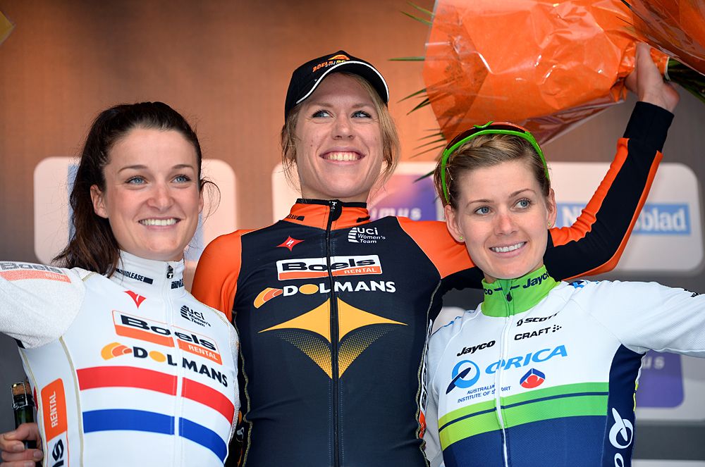 Ellen Van Dijk wins the 2014 Tour of Flanders Women, Lizzie Armitstead second, Emma Johansson third