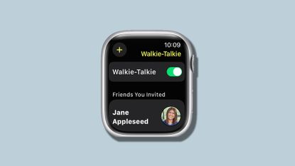 Apple Watch displaying walkie-talkie feature against blue background