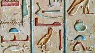 Egyptian hieroglyphics, one suspiciously apple-shaped