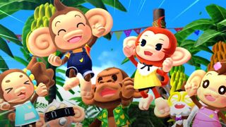 A screenshot of several monkeys in the Super Monkey Ball Banana Rumble reveal trailer.