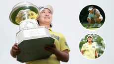 Haeran Ryu holds the KPMG Women's PGA Championship trophy, with two putts lined up 