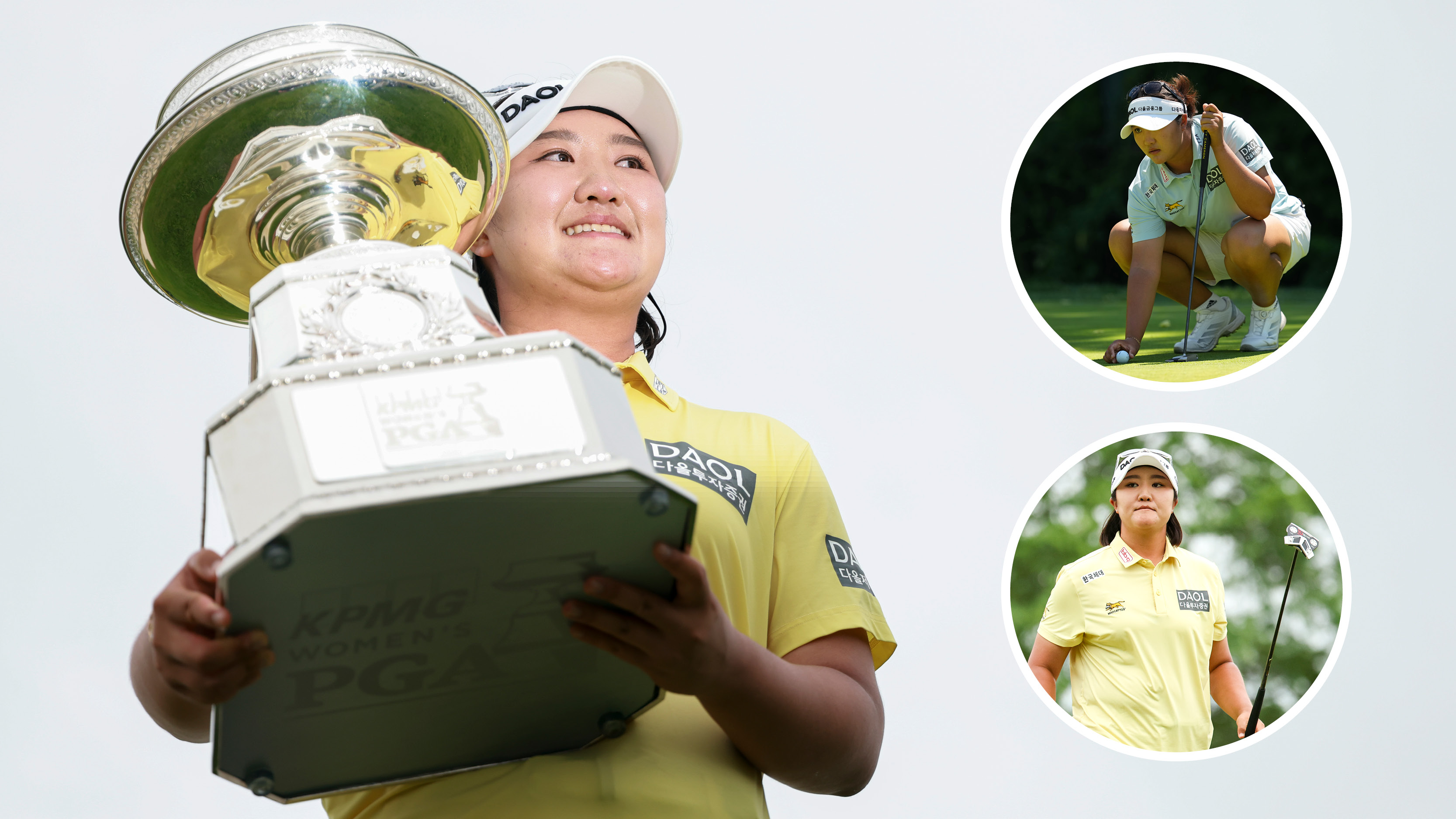 Haeran Ryu holds the KPMG Women's PGA Championship trophy, with two putts lined up 