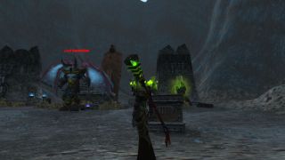 WoW When Revenge Burns Green - a blood elf warlock stands before a large demon named Lord Banehollow