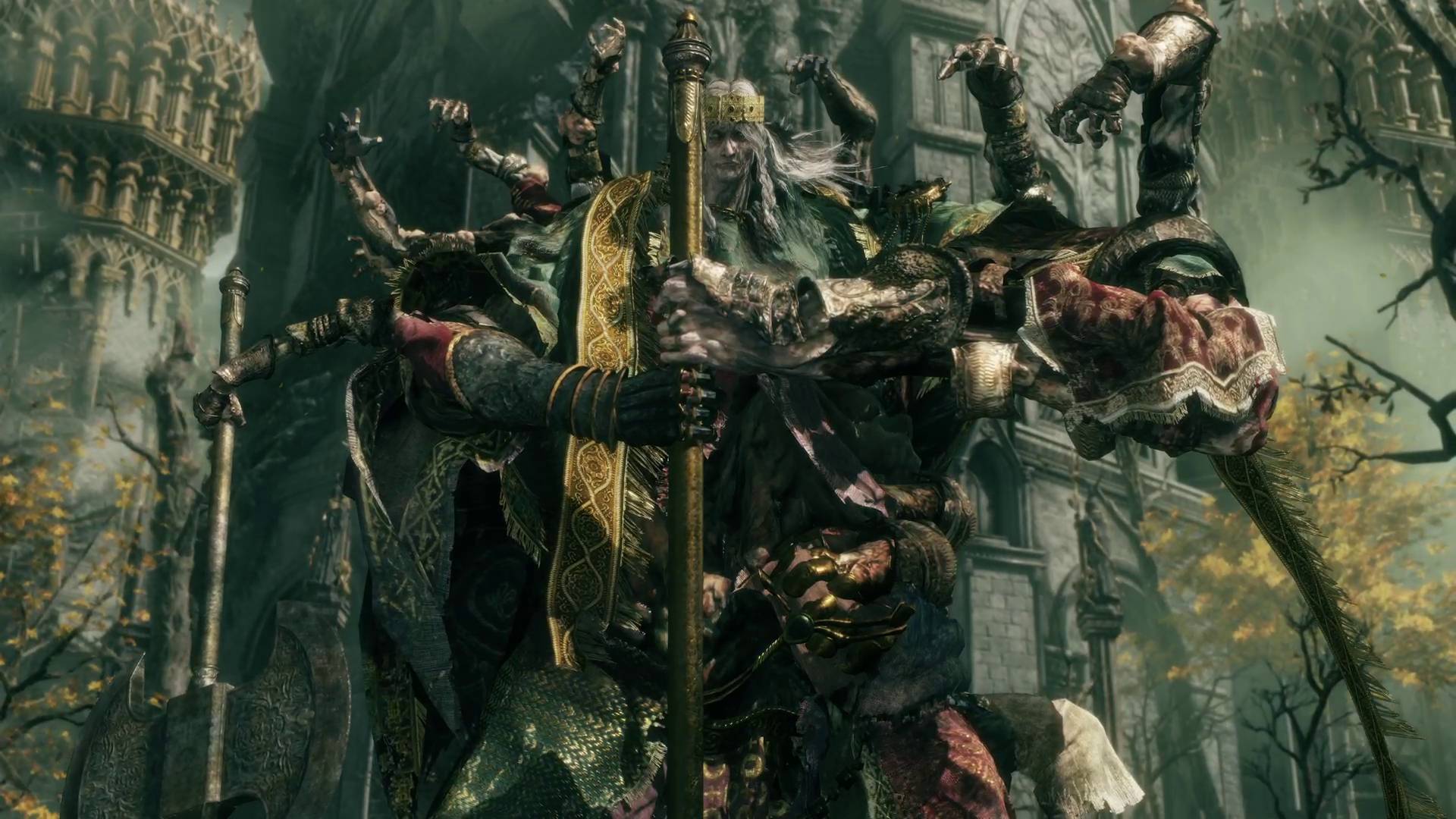 Elden Ring godrick the grafted boss fight cutscene holding a massive axe