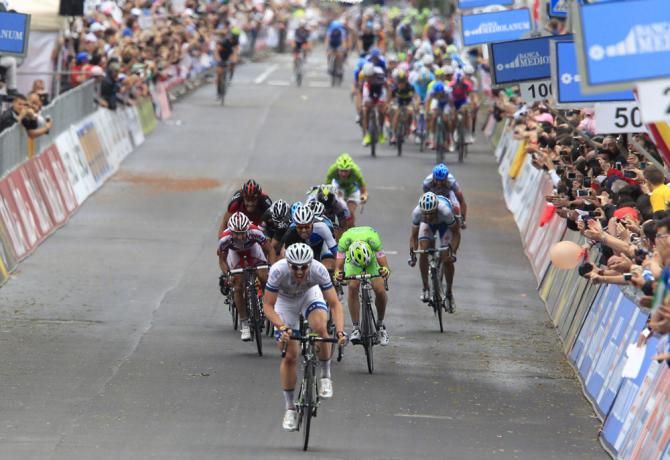 John Degenkolb (Team Argos-Shimano) has passed solo leader Marco Canola (Bardiani Valvole-CSF Inox) and is seconds away from stage victory.