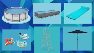 A selection of pool accessories on a blue background.