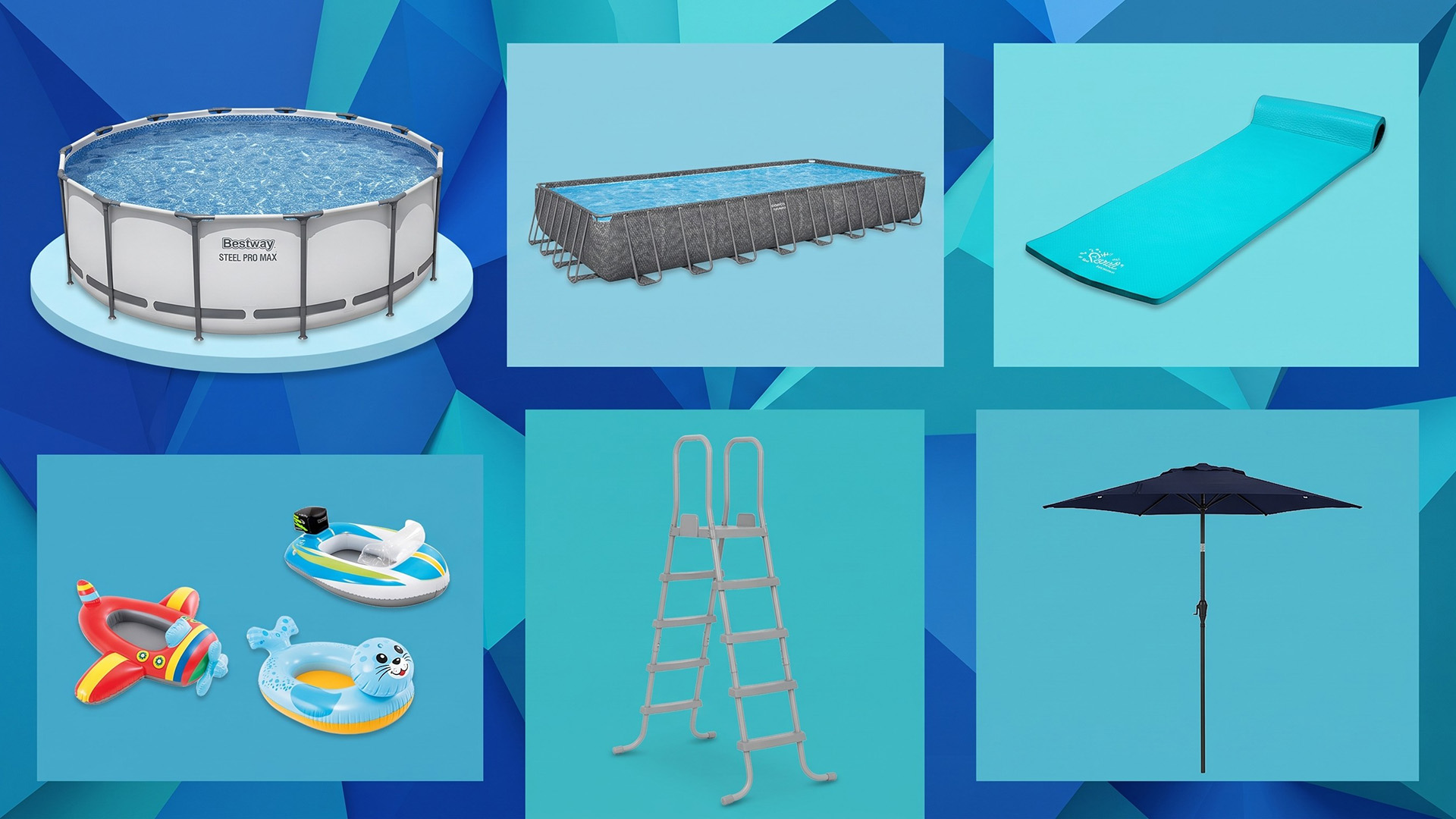 A selection of pool accessories on a blue background.