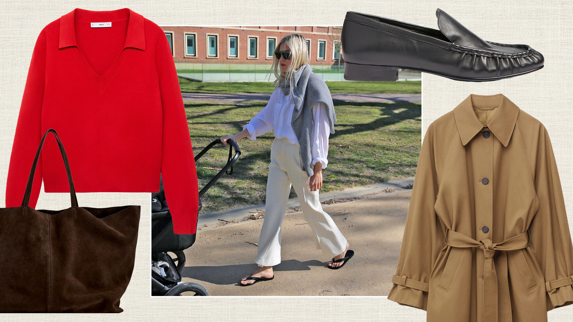 stylish mom Linda Tol pushing stroller in a chic 2025 outfit along with a fashion collage including a & Other Stories trench coat, Mango red collared sweater, Nordstrom black ruched loafers, and a Zara brown suede tote bag