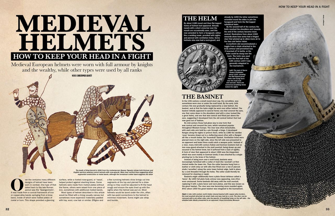 History of War magazine spread on medieval helmets