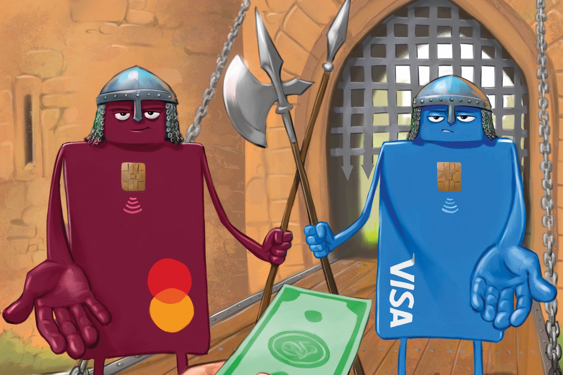 Mastercard and Visa magazine cover illustration - gatekeepers at a castle