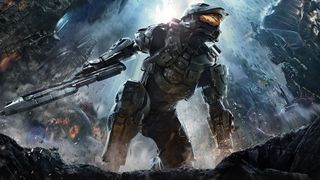 Master Chief takes a knee in a landing pose in a chaotic, wartorn backdrop, looking forward at his next objective in Halo 4