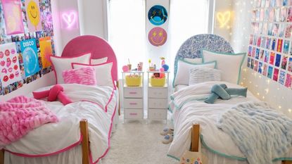 Dorm with two beds and colorful decor