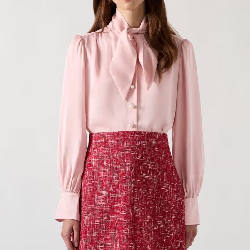 Hall Pink Viscose Crepe Tie Neck Blouse on model