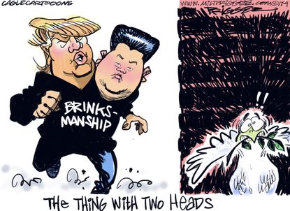 Political Cartoon U.S. Trump North Korea Kim Jong Un War Military Weapons