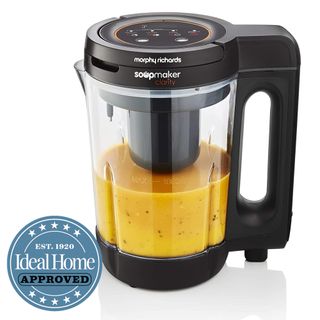 Black and silver Morphy Richards soup maker with Ideal Home Approved stamp