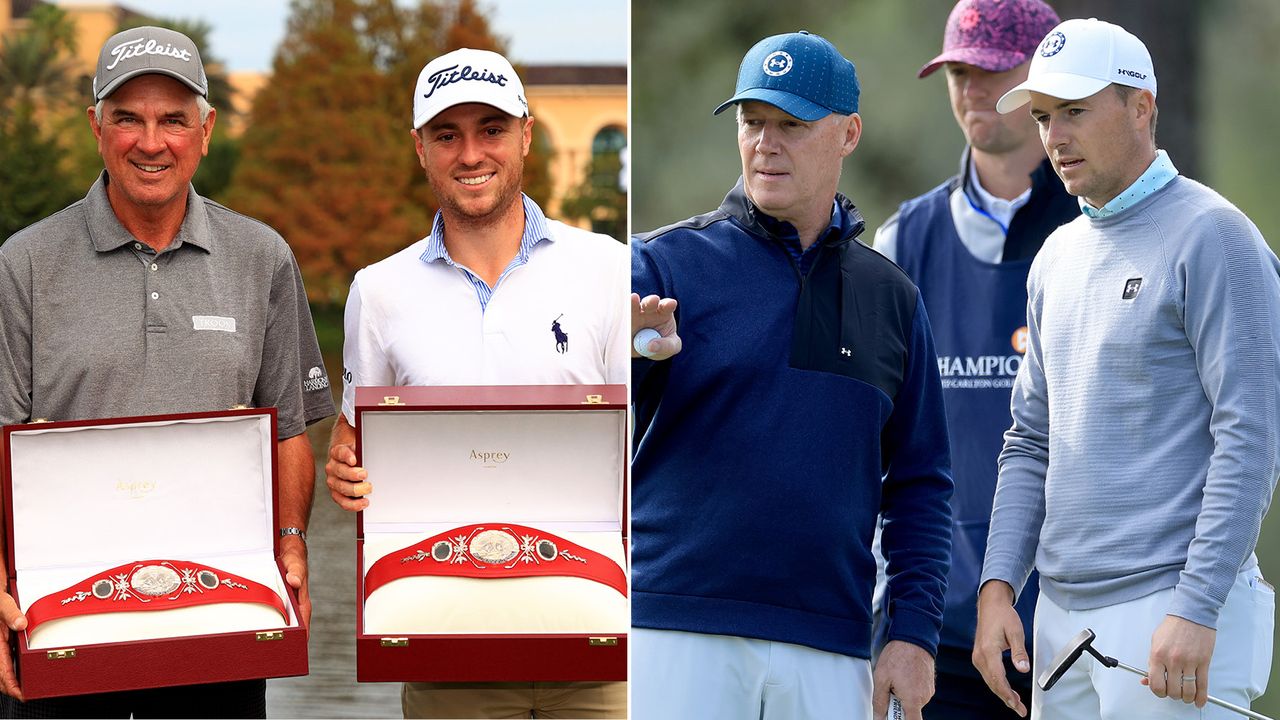 Mike and Thomas holding the PNC Championship trophy, Shawn and Jordan Spieth point