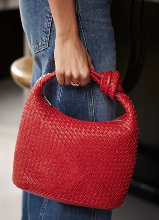 Red Leather Woven Knot Handle Bag