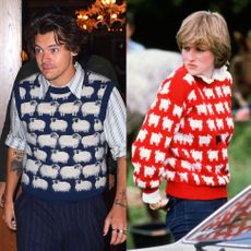 Diana, Princess of Wales wears a wool jumper decorated with