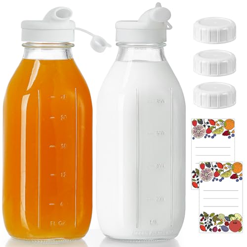 Absovetu 2 Pack Glass Milk Storage Bottles With Lids 1 Litre /33.8 Oz - Glass Juice Bottles With Pour Spout Water Bottle Smoothie Bottle for Fridge