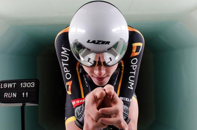 Optum's Chad Haga in the wind tunnel making his frontal area small