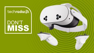 Meta Quest 3S VR headset on green background with TechRadar don't miss sign