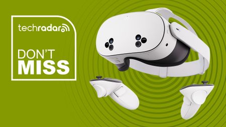 Meta Quest 3S VR headset on green background with TechRadar don't miss sign