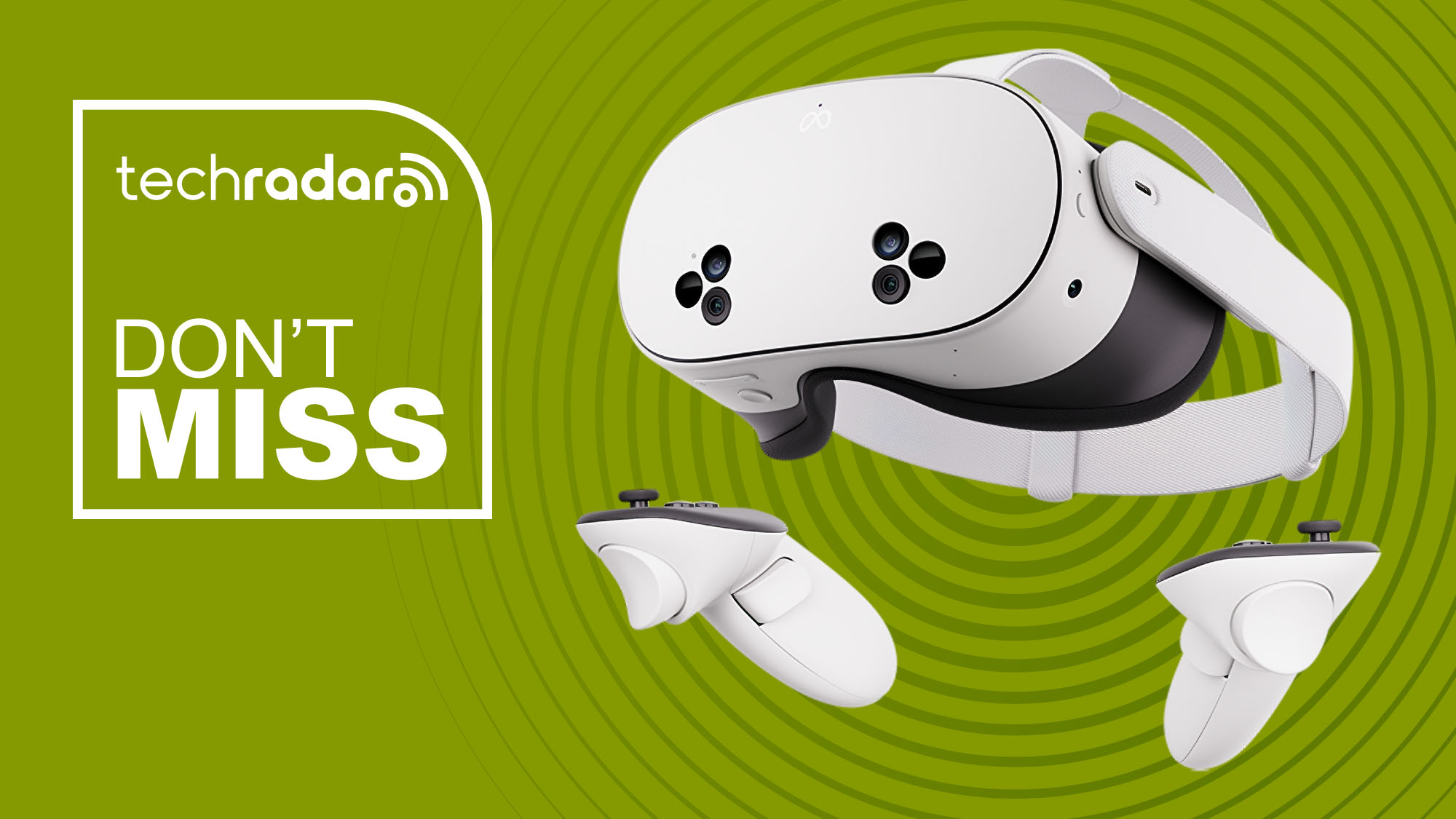 Meta Quest 3S VR headset on green background with TechRadar don't miss sign