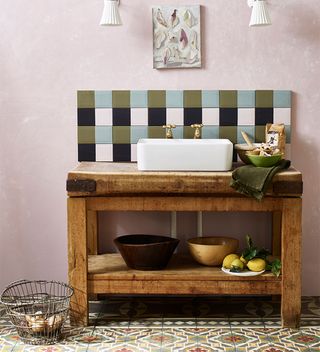 How to paint kitchen tiles with wooden unit and patchwork tiles