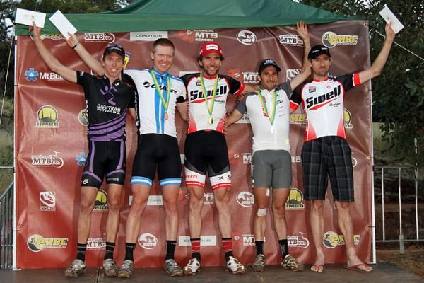 Elite men's All Mountain Podium: Ben Henderson, Josh Carlson, Andy Blair, Sid Taberlay, Nick Both
