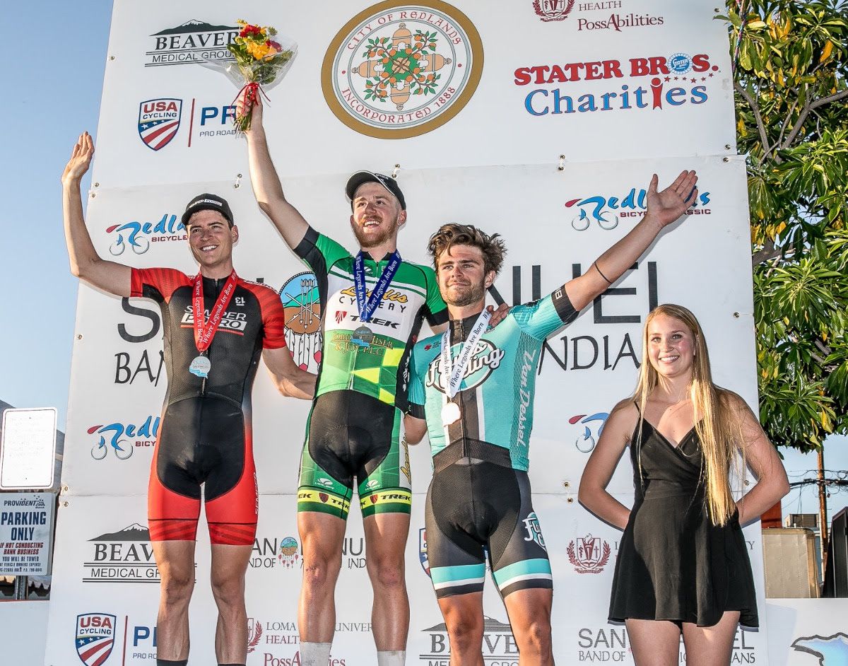 Quinn Simmons (Landis Cyclery) atop the Redlands podium with Cory Lockwood and Alexander Cowan
