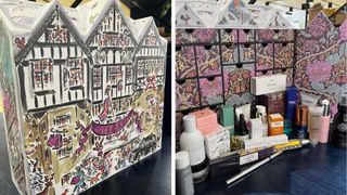 (Left) Liberty Beauty Advent Calendar 2024 closed, (Right) Inside the Liberty Advent Calendar with the contents of products in front