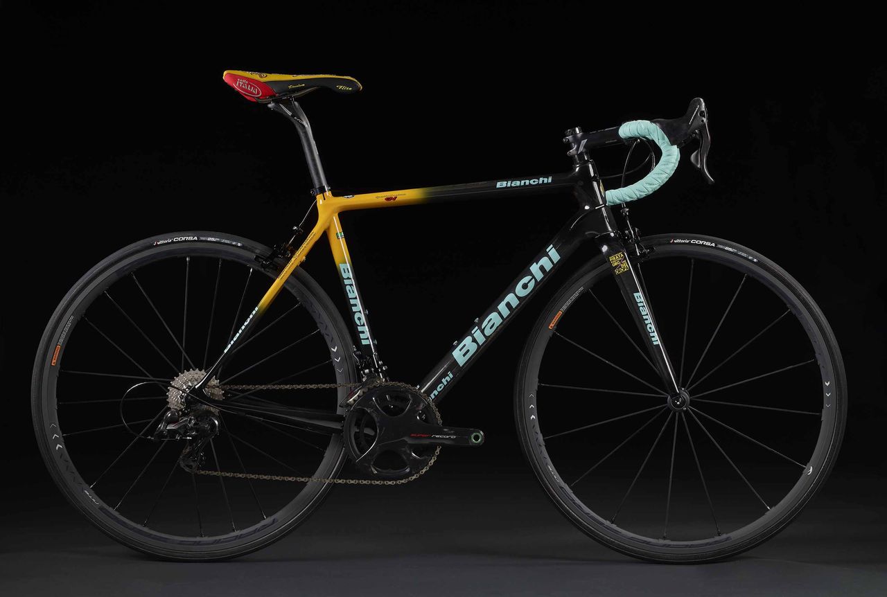 The Bianchi Specialissima livery marks the 20th anniversary of the late Marco Pantani's win at Oropa.