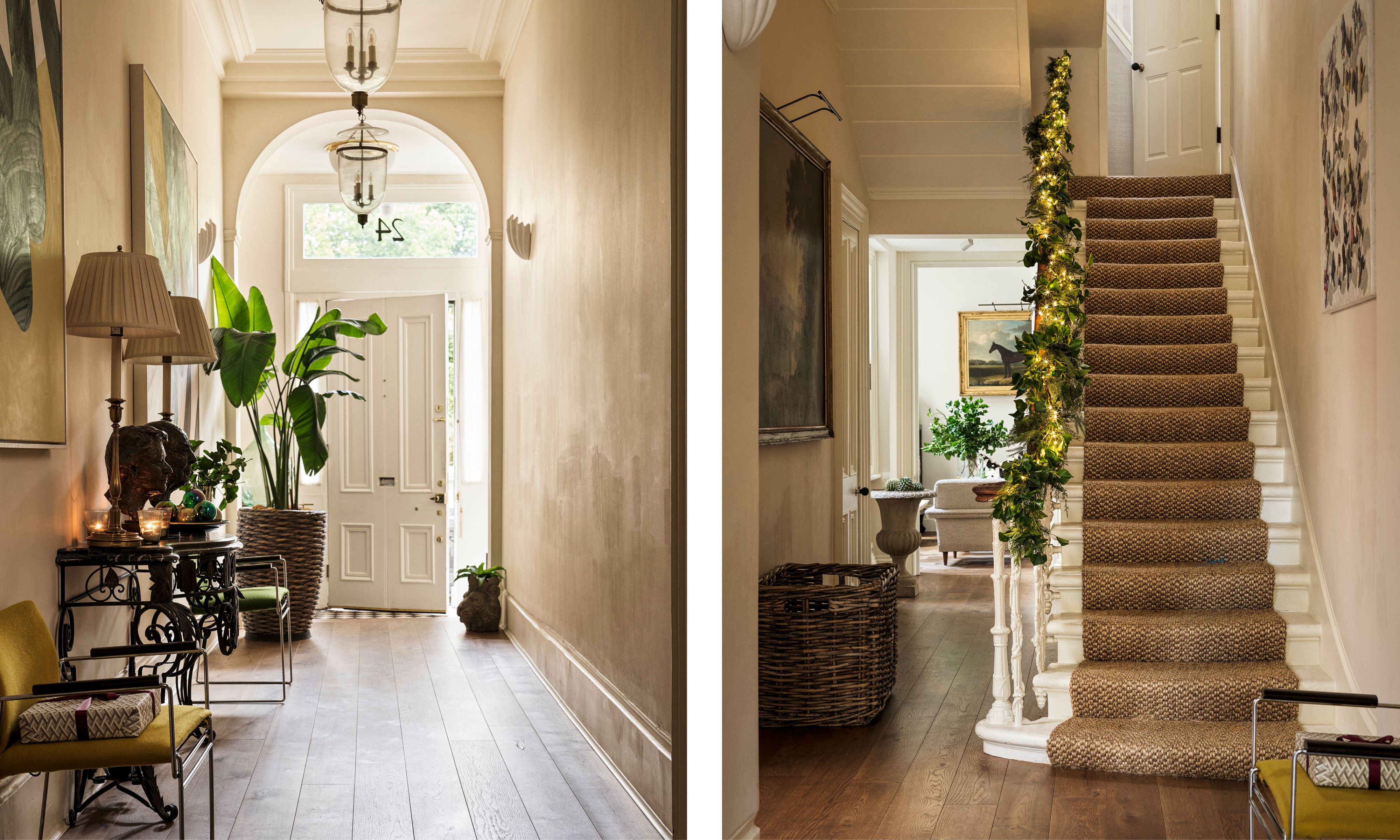 Split image of a spacious hallway: Left: Entrance hall with wood floors, tall plants, and a console table. Right: Hallway leading to a staircase with a natural fiber runner and a banister decorated with garland and lights.