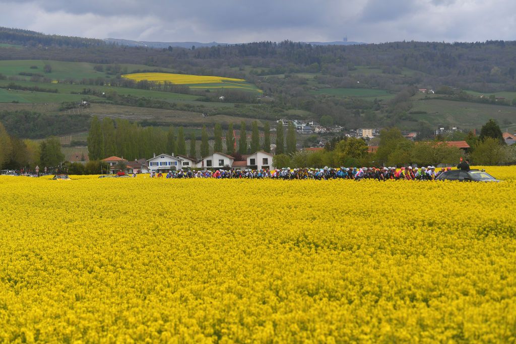 SAINTIMIER SWITZERLAND APRIL 29 The Peloton at start in La Neuveville Village during the 74th Tour De Romandie 2021 Stage 2 a 1657km stage from La Neuveville to SaintImier Flowers Landscape TDR2021 TDRnonstop UCIworldtour on April 29 2021 in SaintImier Switzerland Photo by Luc ClaessenGetty Images
