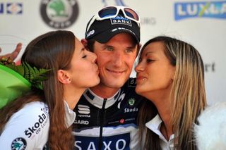 A happy Fränk Schleck (Saxo Bank) on the podium after winning stage two.