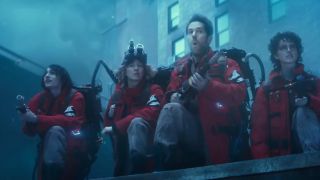 Trevor, Callie, Gary, and Phoebe look at something scary off-camera in Ghostbusters: Frozen Empire, one of March's new movies