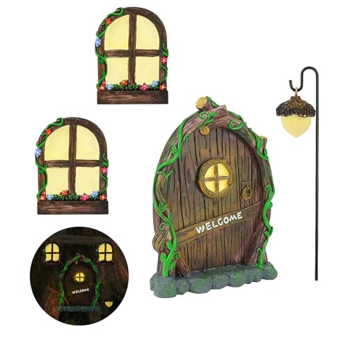 Toromiu Fairy Door and Windows for Trees Outdoor, Glow in the Dark Fairy Doors Miniature Fairy Garden Accessories, Yard Art Sculpture Decoration Fairy Garden Decor With Lantern for Outside, Patio