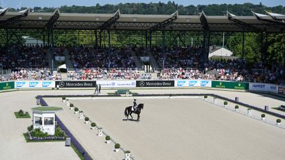 A horse performing a dressage test in the Aachen arena, where the 2026 World Dressage Championships will be hosted