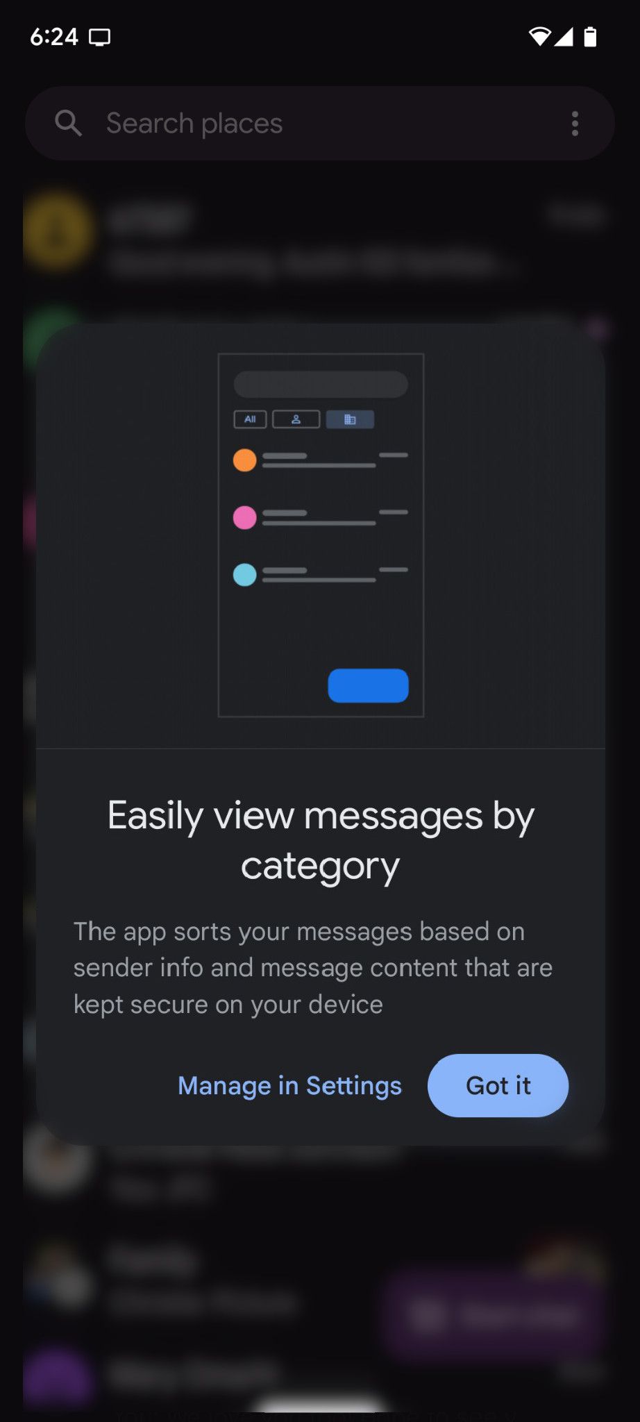 Google Messages featuring categories
