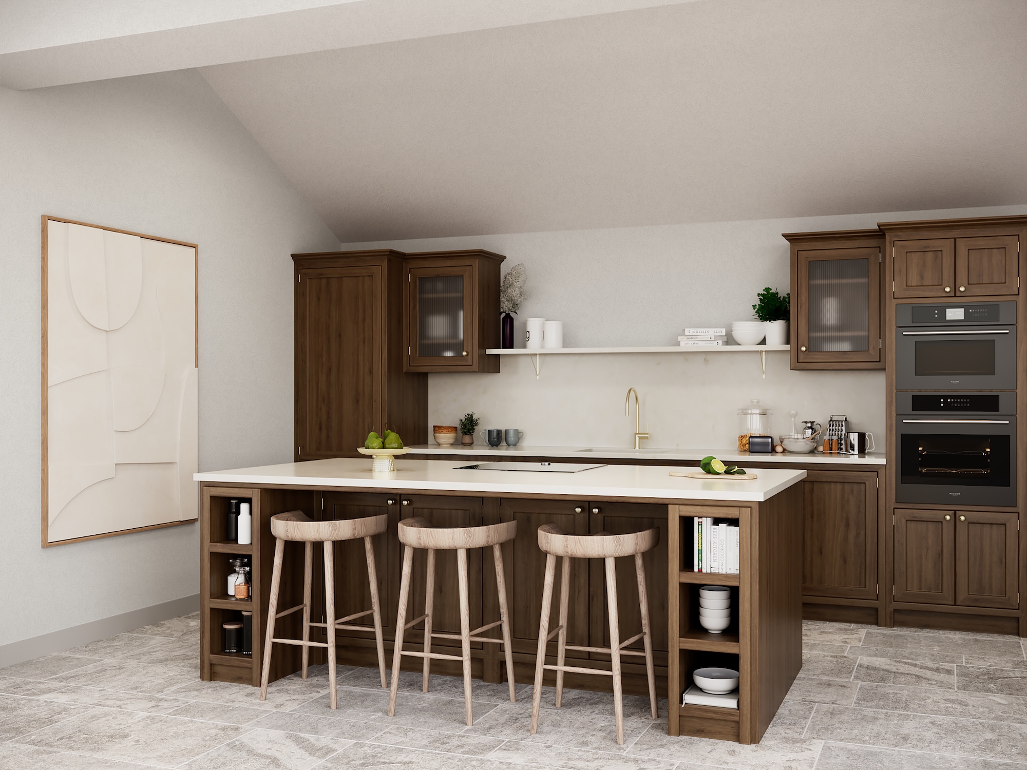 A modern feel dark wood kitchen with a contrasting white background and countertops