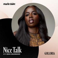 beauty influencer golloria poses in a gold top in an image with nice talk podcast branding as a border