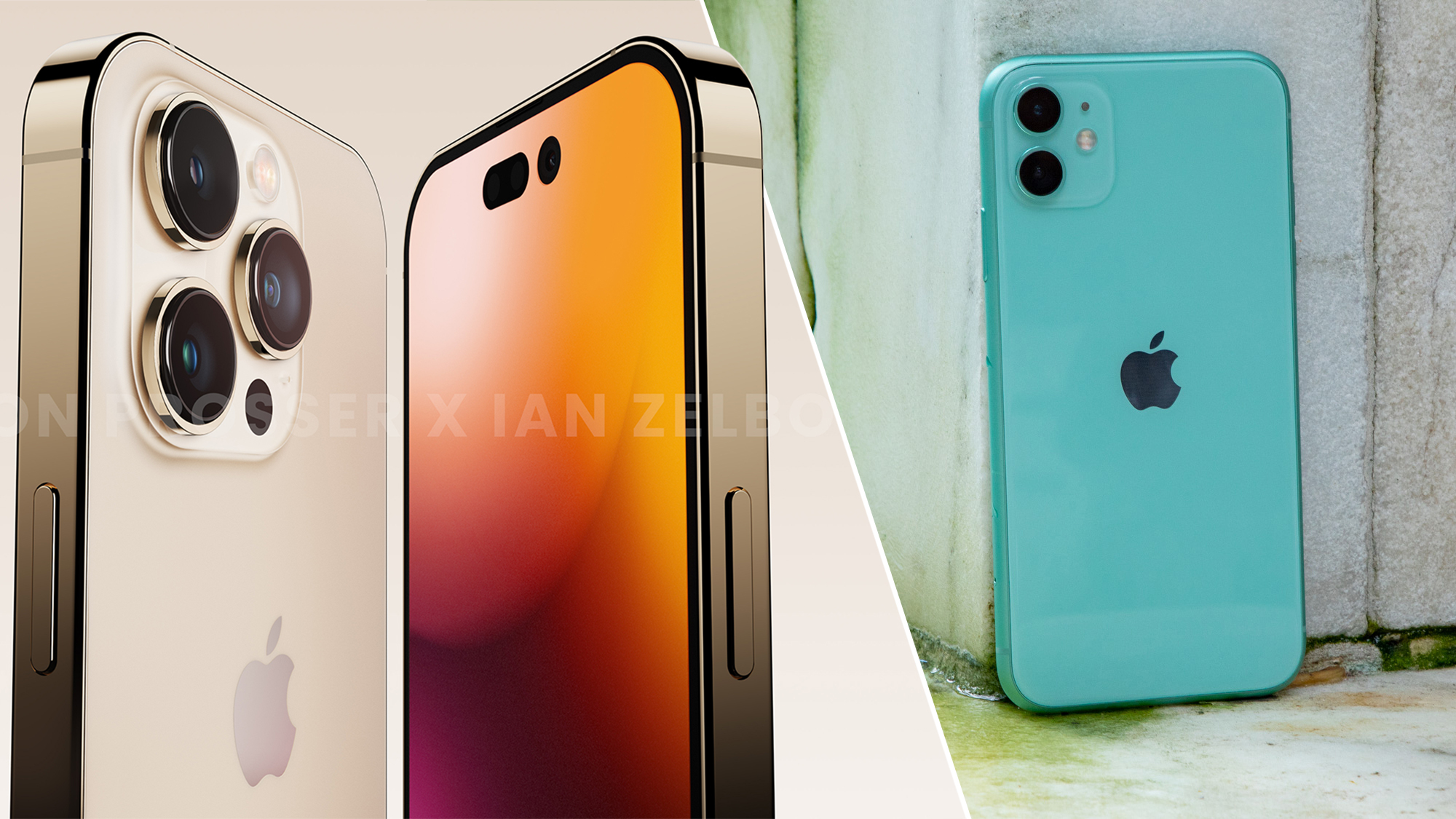 A split image of the rumored iPhone 14 Pro design and a real-life image of the iPhone 11