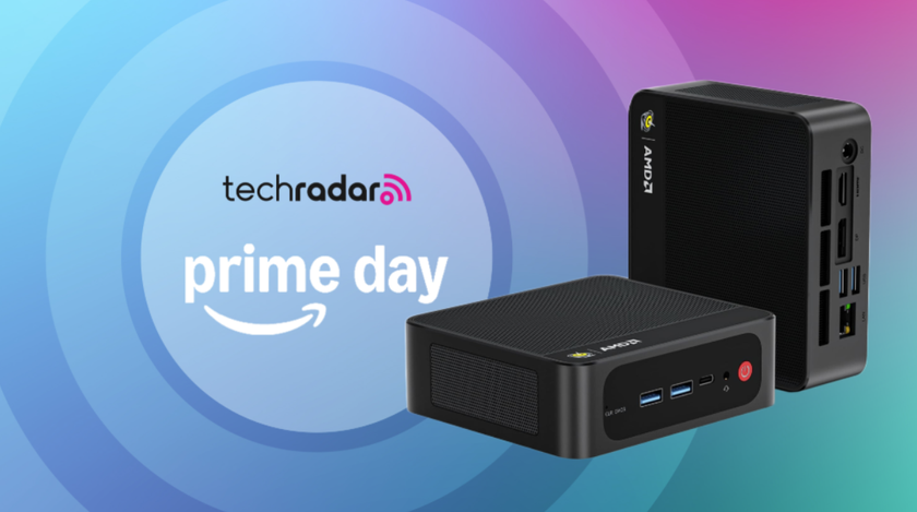 Beelink Ryzen 7 6800H mini PC on a rainbow background next to a TechRadar badge reading &#039;Prime Day&#039;