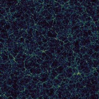 This simulated view of the large-scale structure of the universe shows the vast cosmic web of galaxies, as well as the dark, empty expanses of the cosmic voids in between.