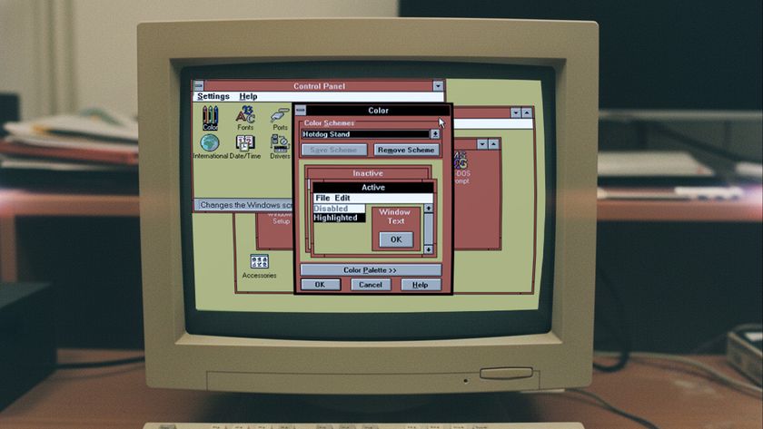 Windows 3.1 with red and yellow theme on AI-generated desktop computer
