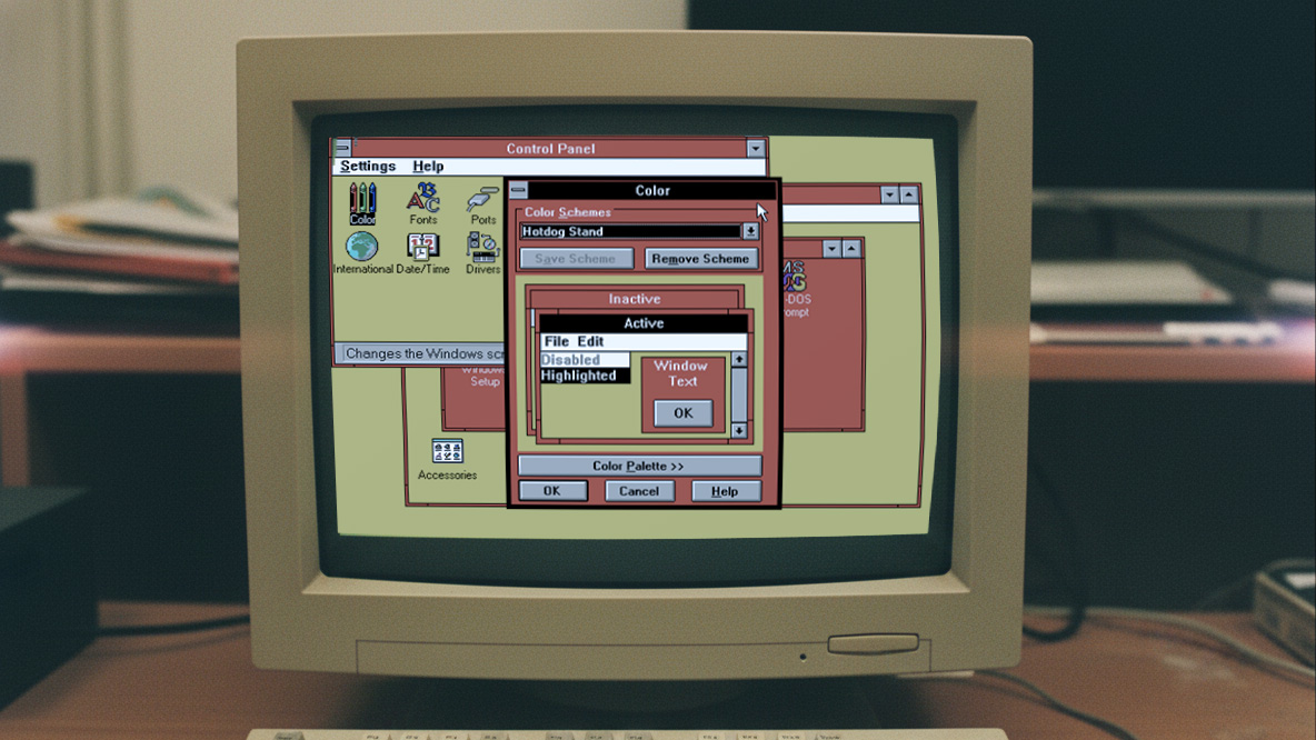 Windows 3.1 with red and yellow theme on AI-generated desktop computer