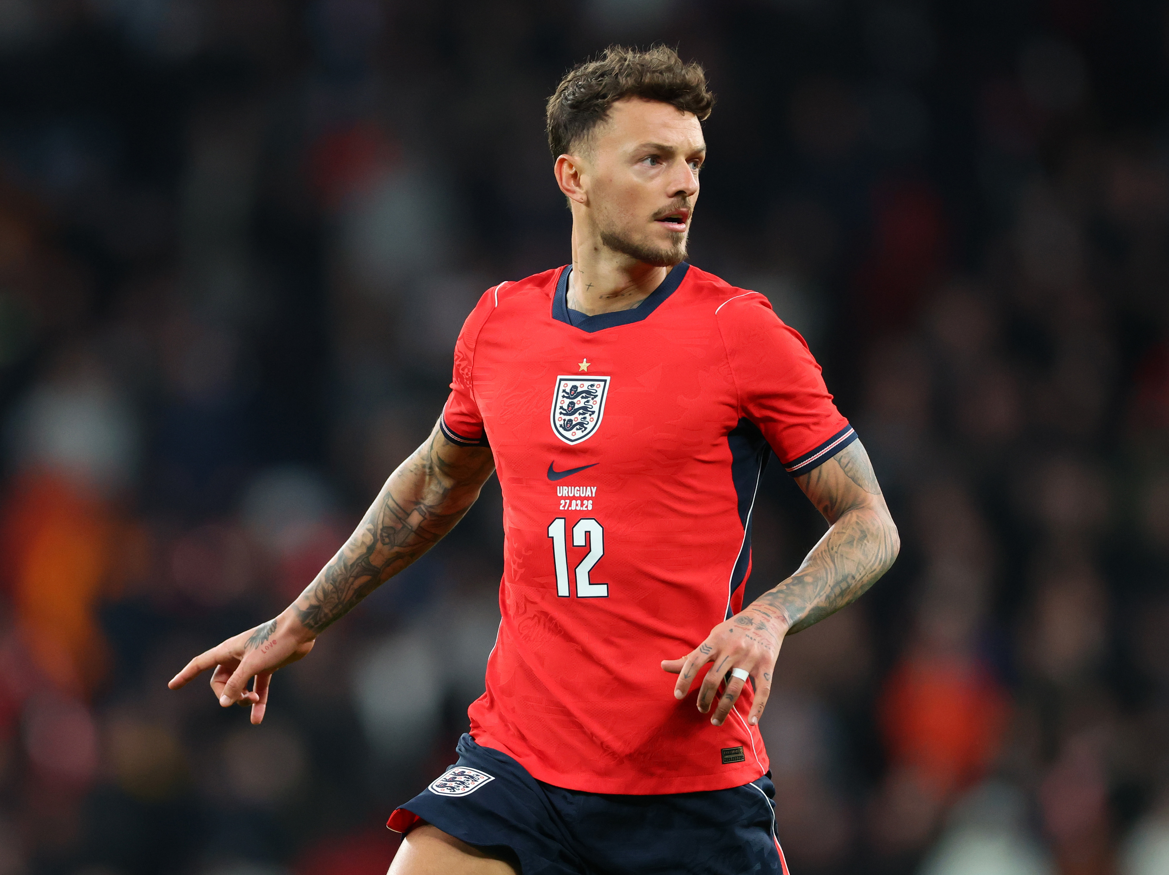 Ben White playing for England against Uruguay