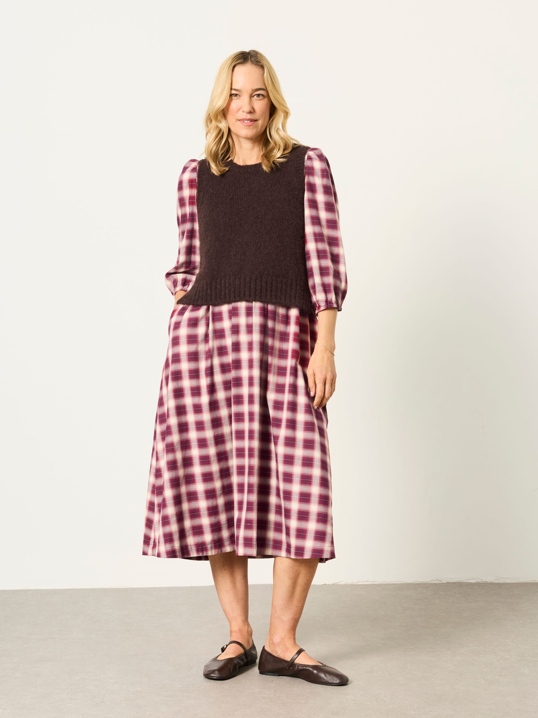Connie Red Check 2in1 Midi Dress - Size 6 S