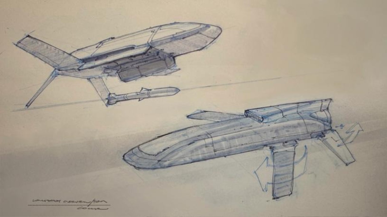 رسمان تخطيطيان لطائرة بأجنحة على شكل X على ذيلها ولا تحتوي على مظلة أو زجاج أمامي